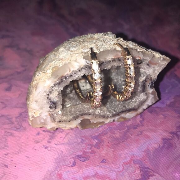 Gold Toned Silver CZ Snap Hooped Earrings - Picture 4 of 9